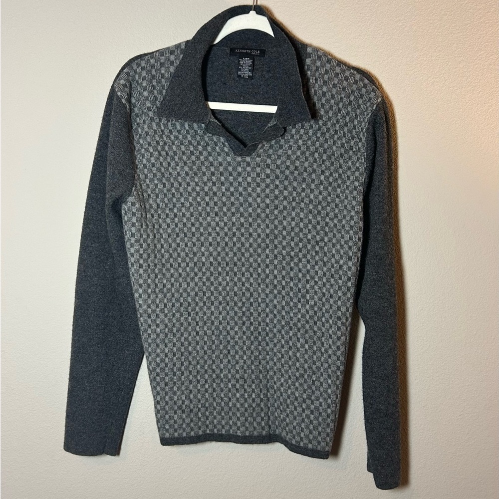 Mens Large Sweater with Collar Grey Lambs Wool Checker Preppy Kenneth Cole - Picture 2 of 10